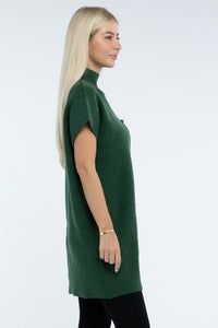 Mock Neck Short Sleeve Sweater Dress with Pocket